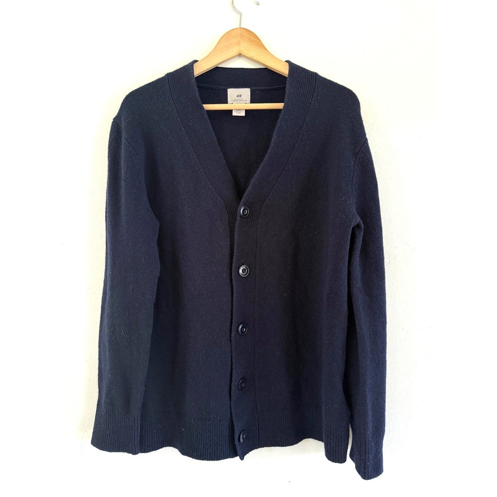 HM Mens 100% Wool Relaxed Fit Cardigan Sweater Navy Blue V-Neck Small Preppy